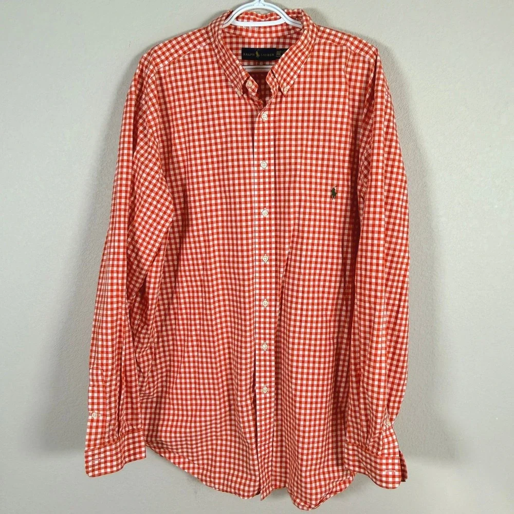 Ralph Lauren Button Down Shirt Mens 2XLT Red Orange Gingham Check Plaid Pony